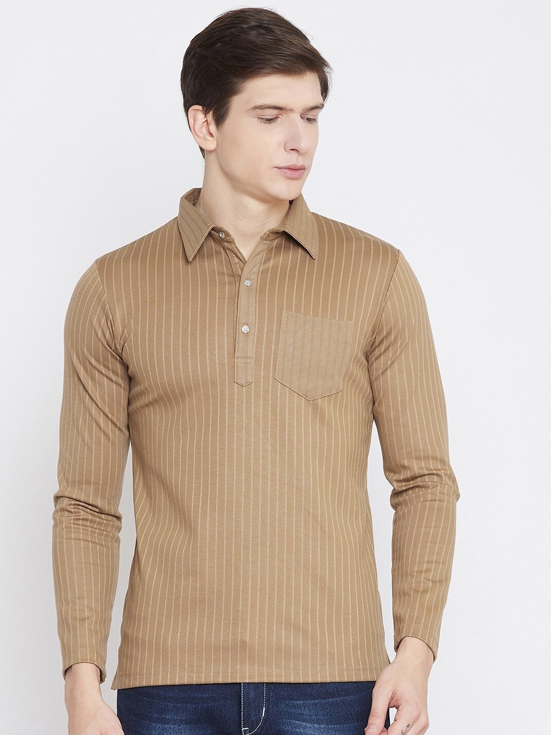 

armure Men Beige Striped Polo Collar T-shirt