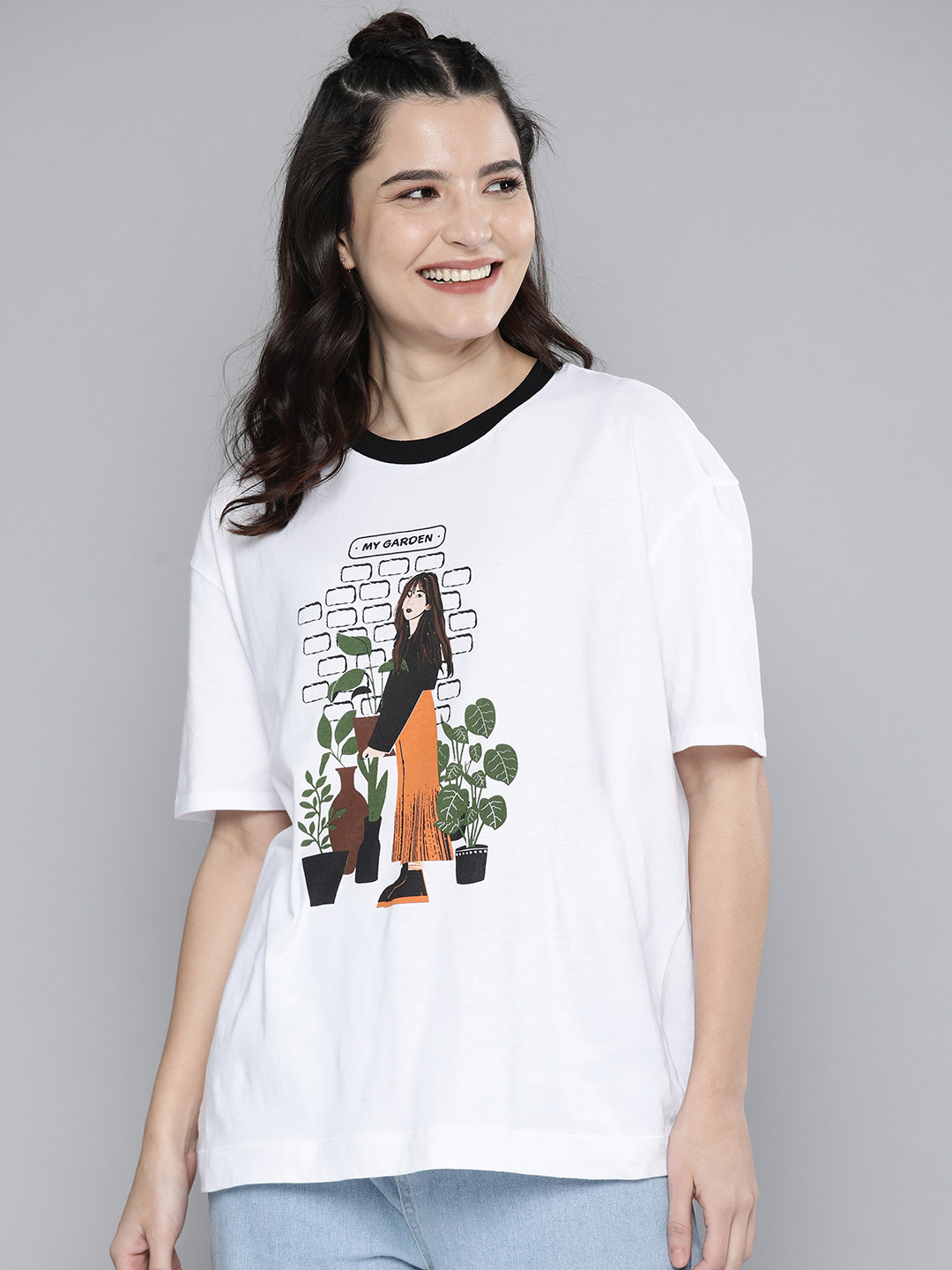 

HERE&NOW Women White Printed Drop-Shoulder Sleeves Pure Cotton T-shirt