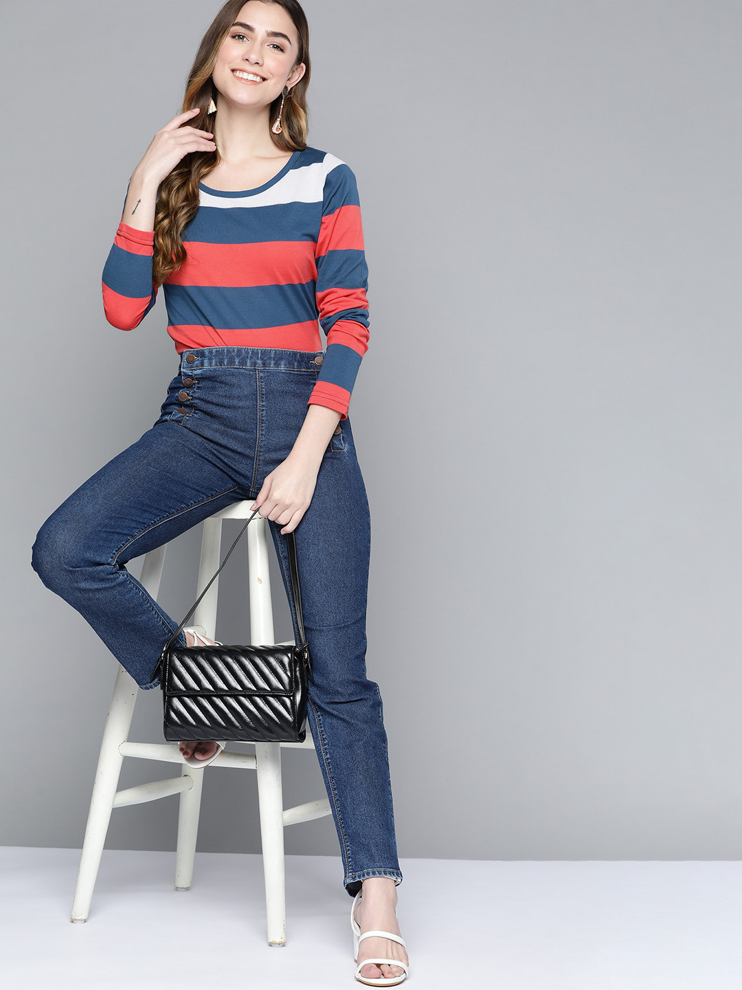 

HERE&NOW Women Navy Blue & Red Striped T-shirt