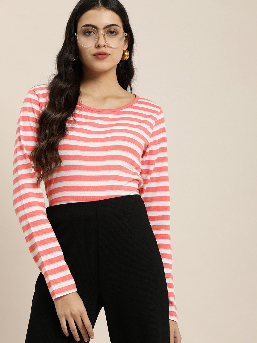 

Moda Rapido Women Coral & White Striped Pure Cotton Casual T-shirt