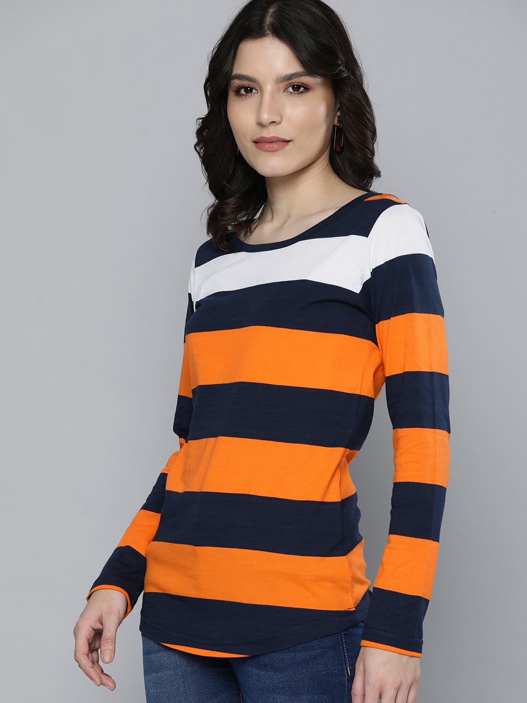 

HERE&NOW Women Orange & Navy Blue Striped Casual T-shirt