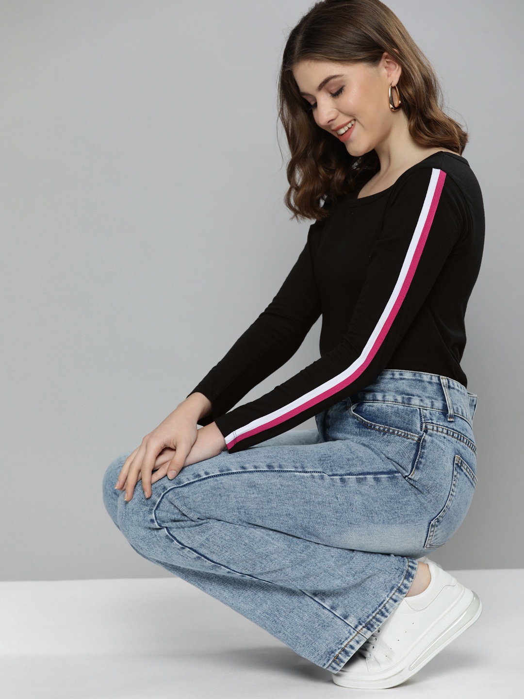 

HERE&NOW Women Black Solid Round Neck T-shirt with Side Taping