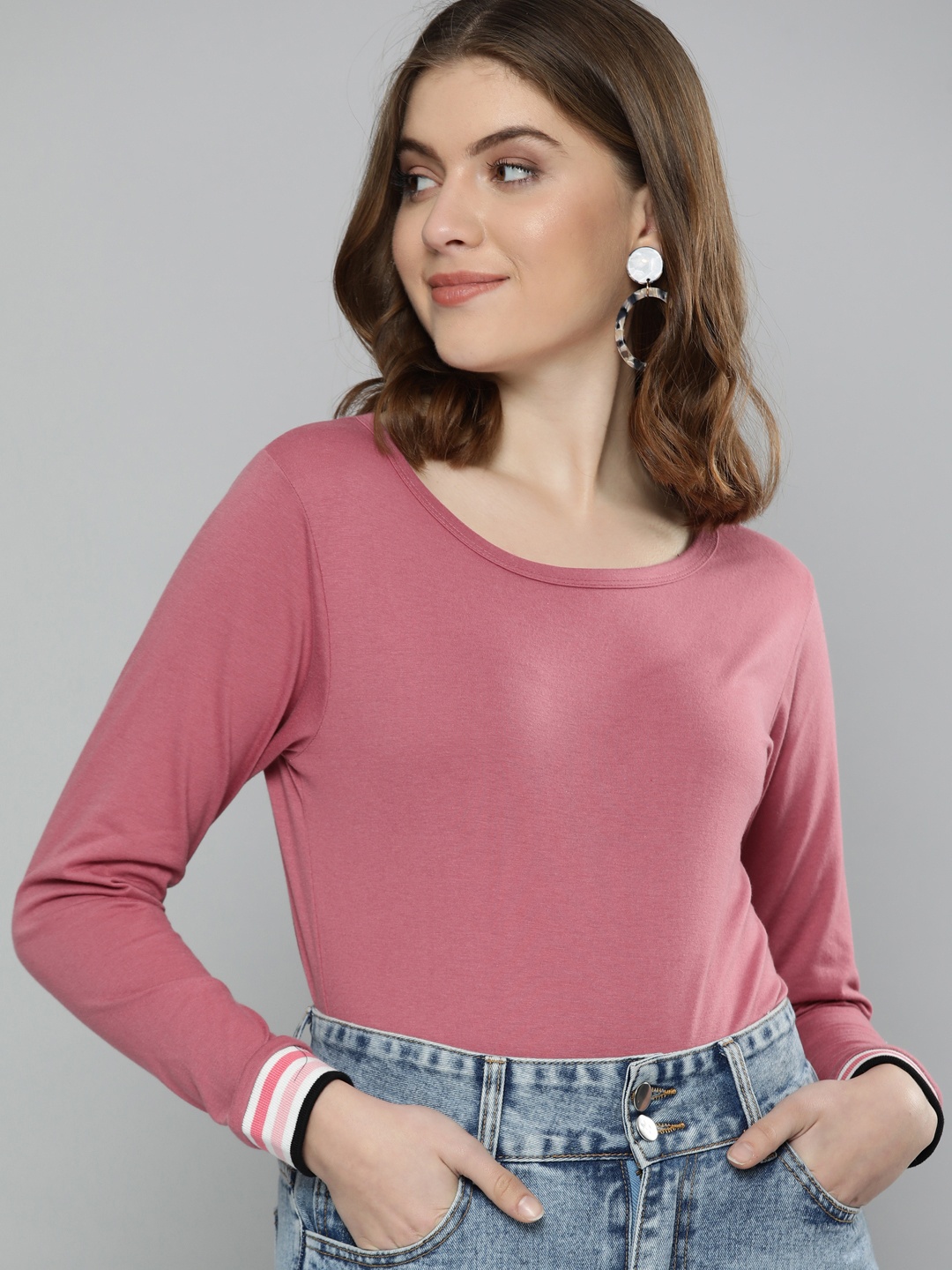

HERE&NOW Women Pink Solid Round Neck T-shirt