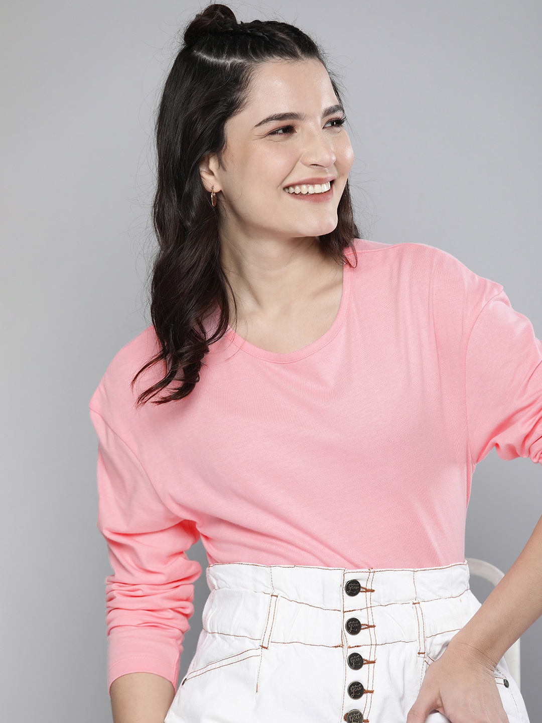 

HERE&NOW Women Pink Drop-Shoulder Sleeves Pure Cotton T-shirt