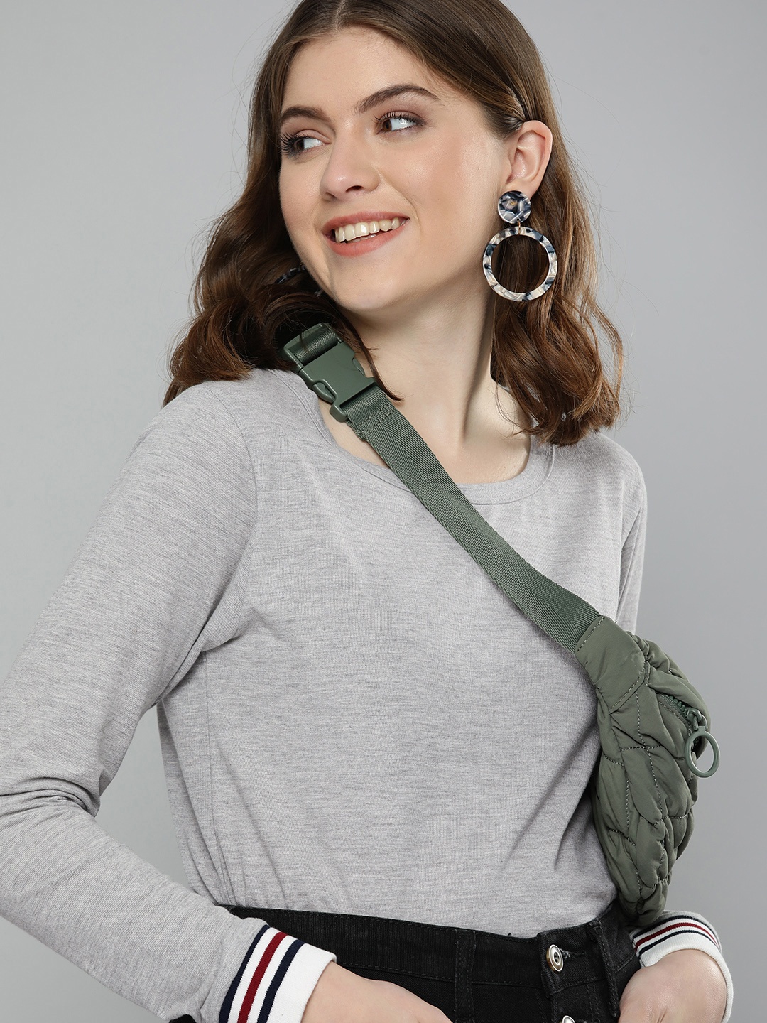

HERE&NOW Women Grey Melange Solid T-shirt