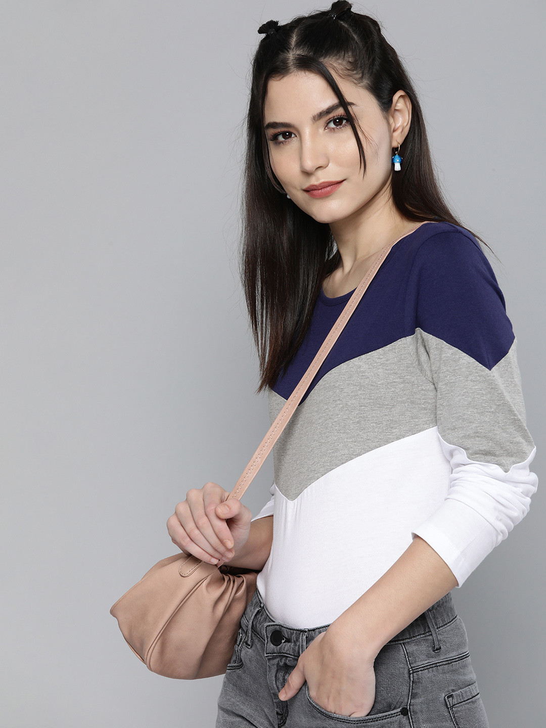 

HERE&NOW Women Grey & Blue Colourblocked Pure Cotton Long Sleeves T-shirt