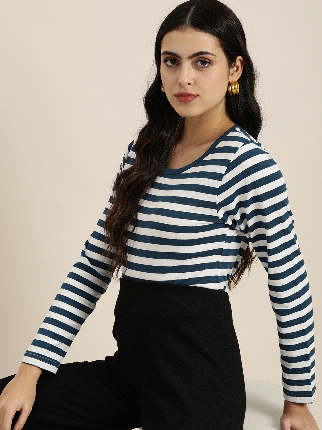 

Moda Rapido Women White & Navy Blue Striped Pure Cotton T-shirt