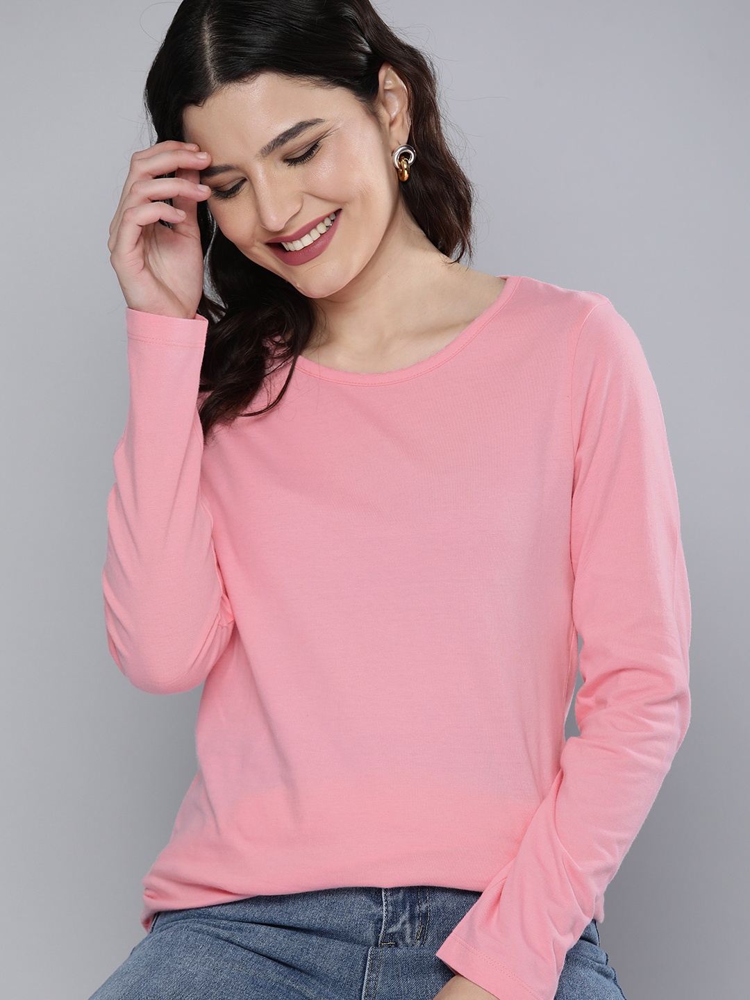 

HERE&NOW Women Pink solid Pure Cotton T-shirt