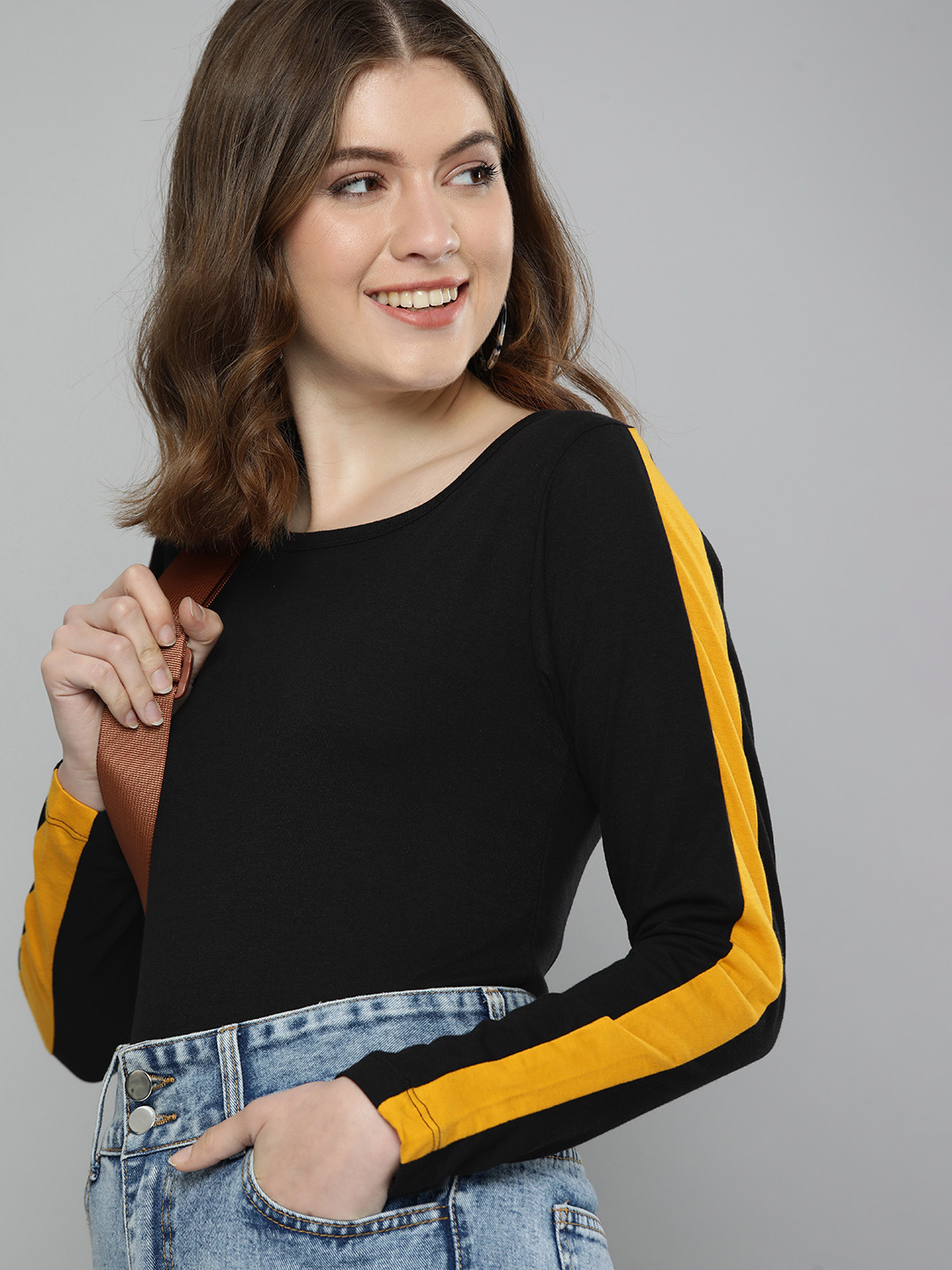 

HERE&NOW Women Black Side Striped T-shirt