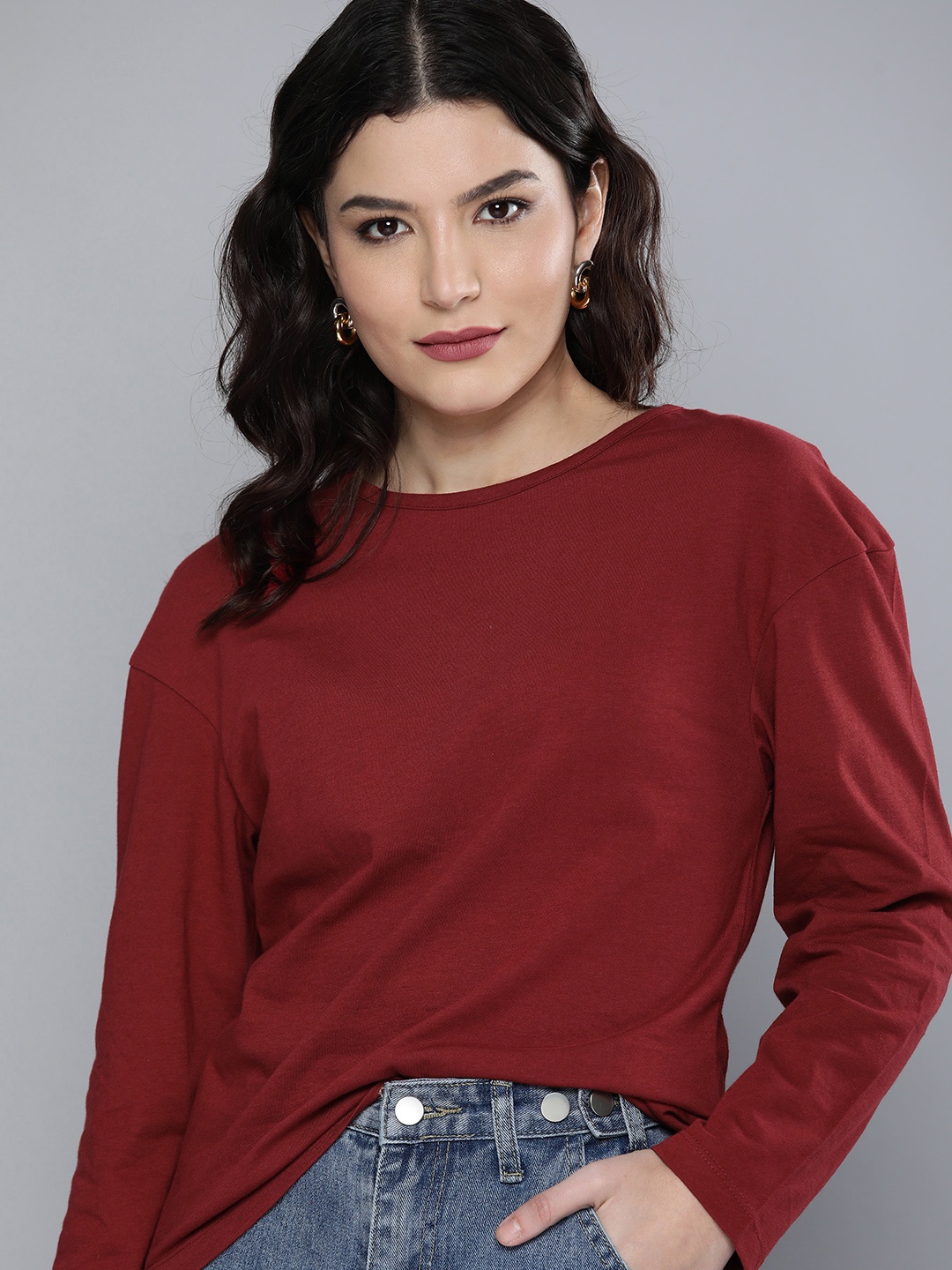 

HERE&NOW Women Maroon Solid Pure Cotton T-shirt
