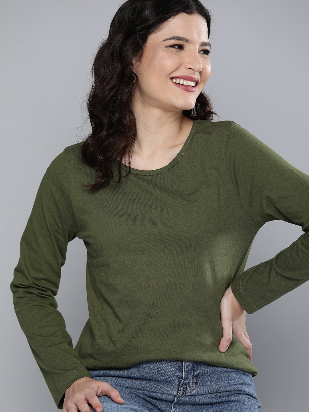 

HERE&NOW Women Olive Green Solid Pure Cotton T-shirt