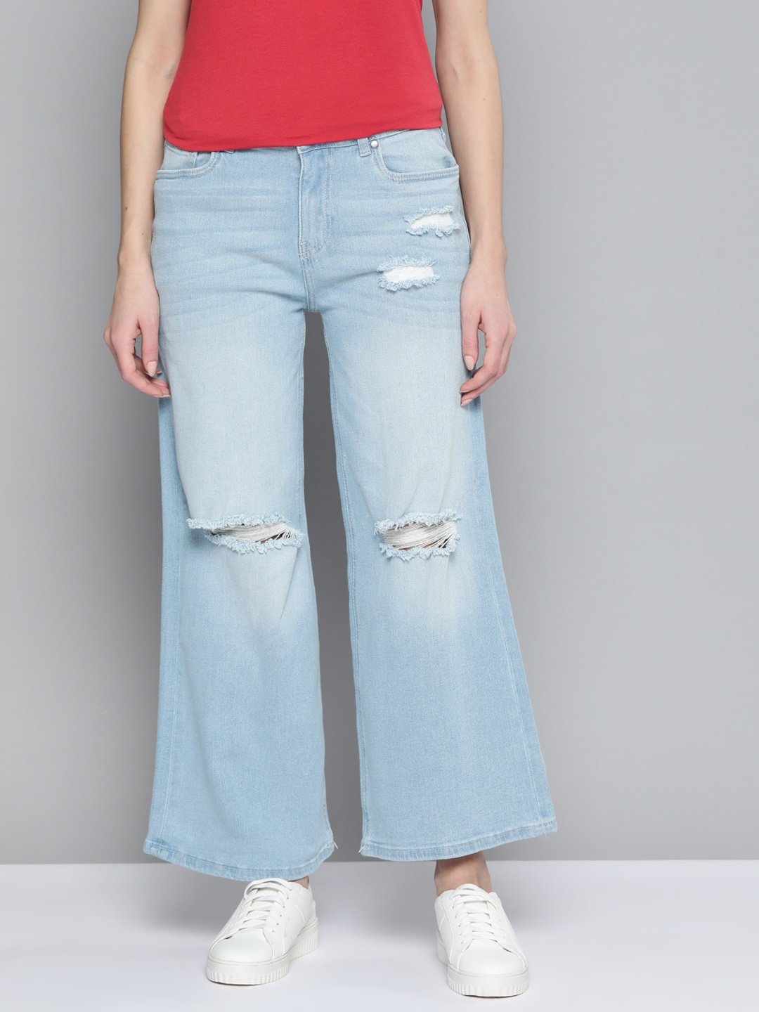 

Mast & Harbour Women Blue Wide Leg Mildly Distressed Light Fade Stretchable Jeans