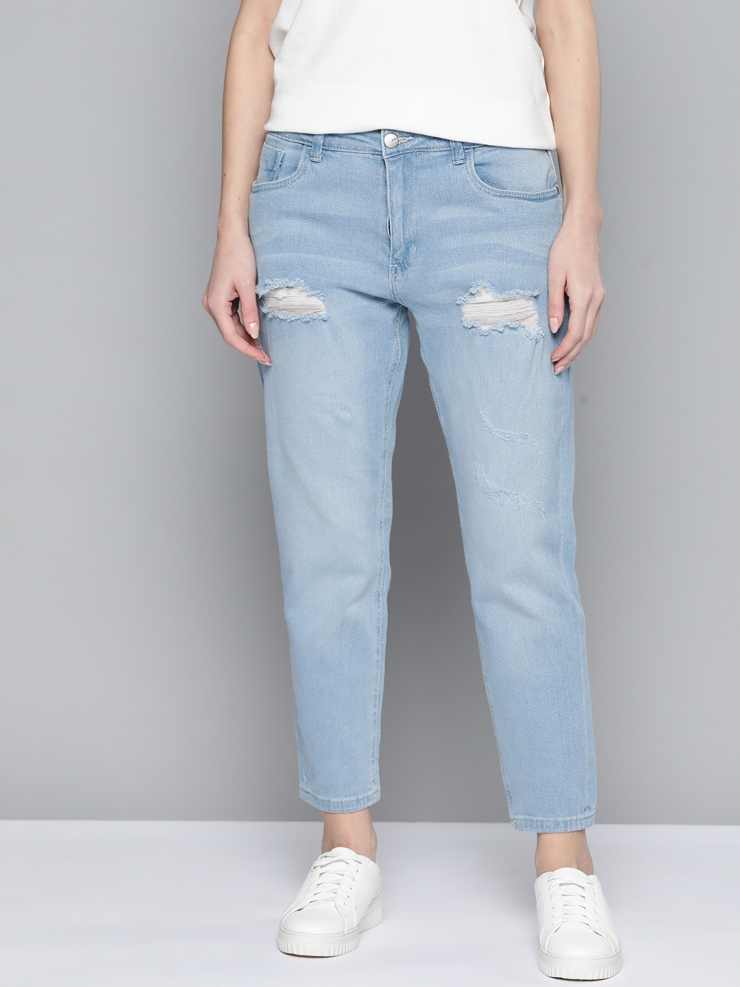 

Mast & Harbour Women Blue Boyfriend Fit Ripped Light Fade Mid-Rise Jeans