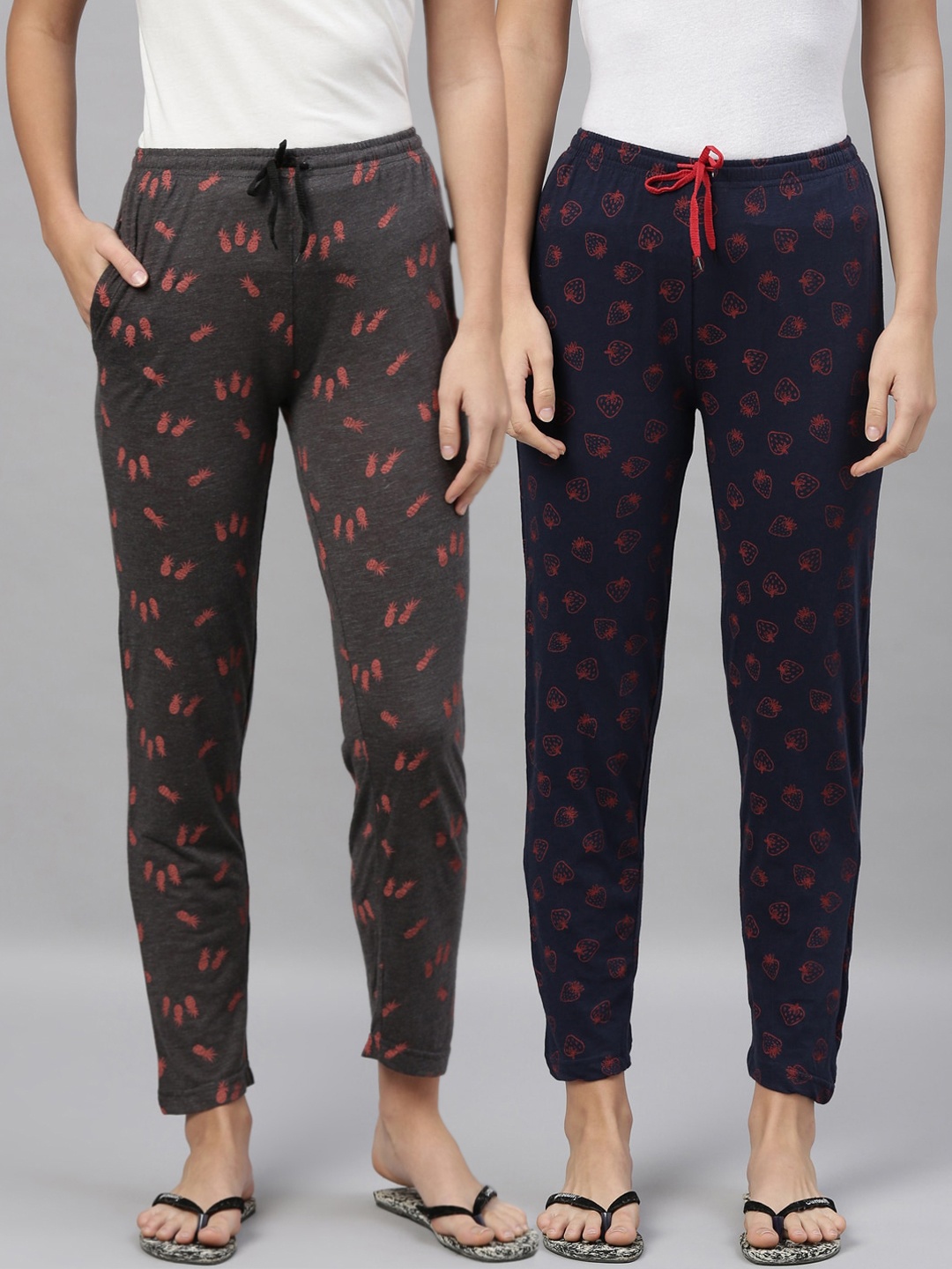 

Kryptic Women Pack Of 2 Navy Blue & Grey Melange Printed Pure Cotton Lounge Pants