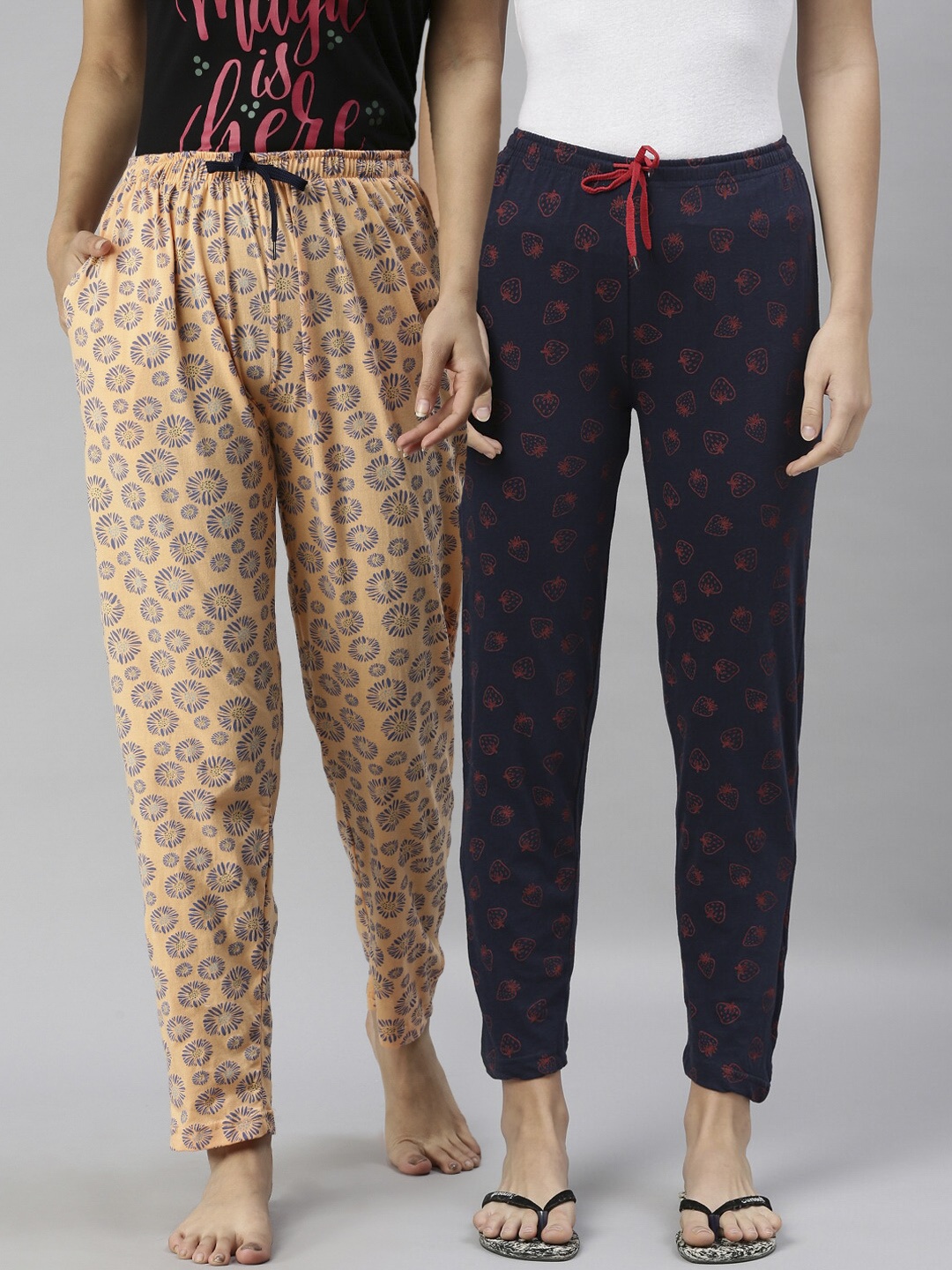 

Kryptic Women Pack of 2 Printed Pure Cotton Lounge Pants, Navy blue