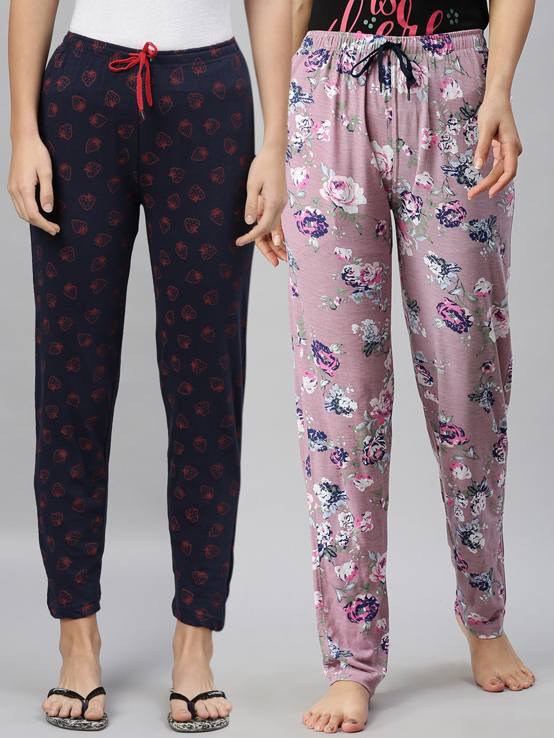 

Kryptic Pack Of 2 Womens Navy Blue & Muave Cotton Printed Lounge Pants
