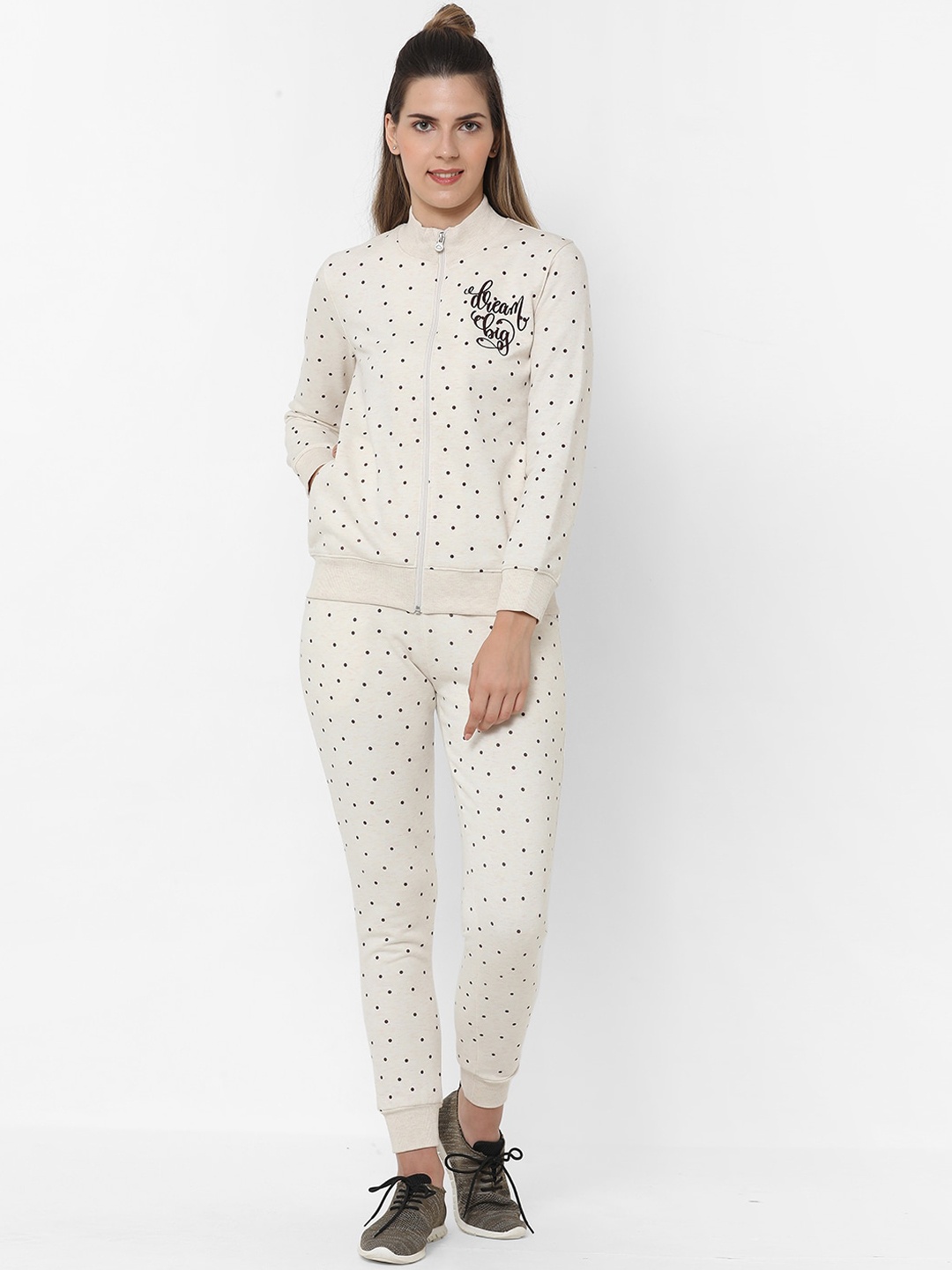 

Sweet Dreams Women Beige Polka Dot Printed Fleece Tracksuit