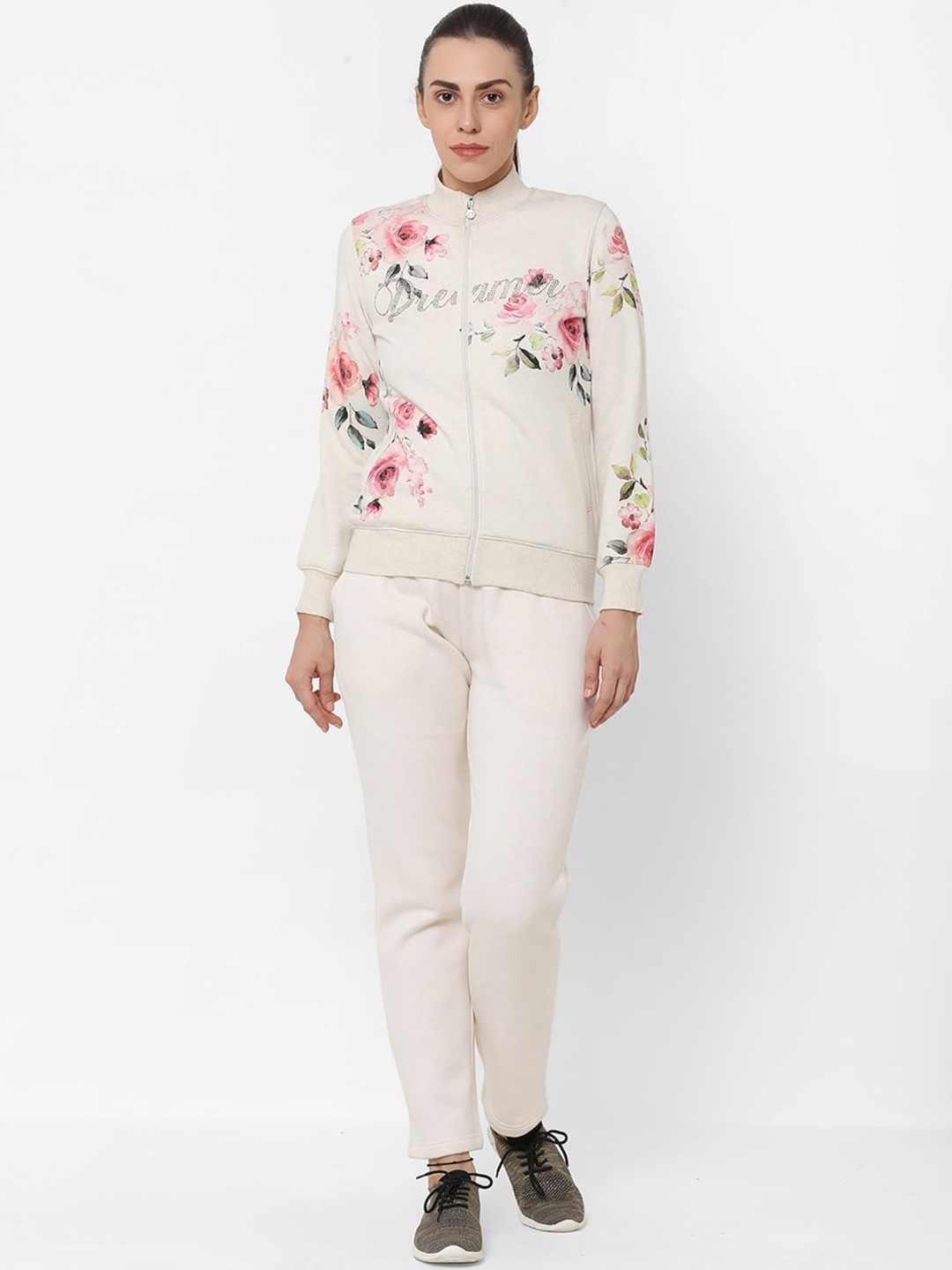 

Sweet Dreams Women Off White & Pink Floral Printed Cotton Tracksuit