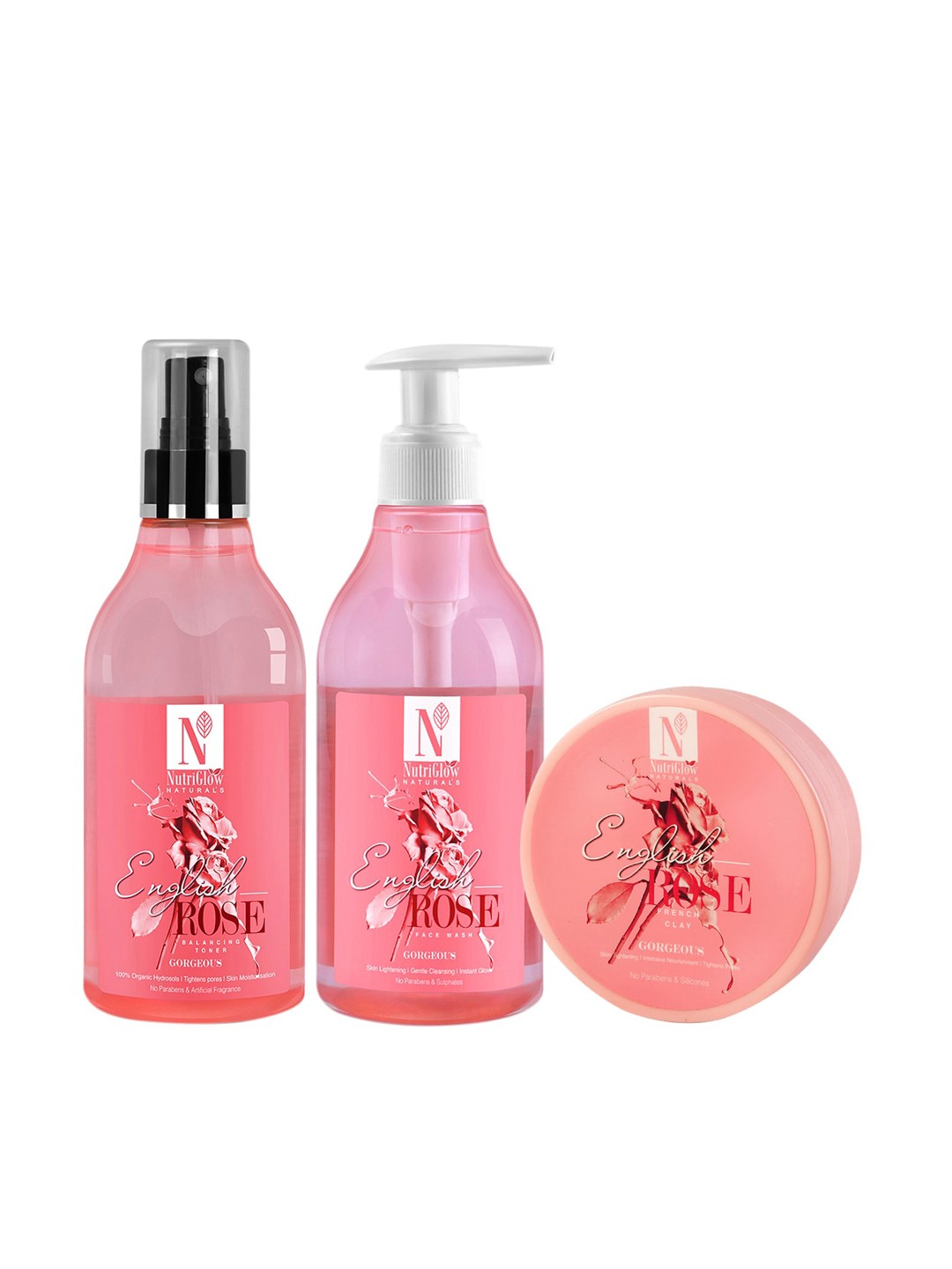 

NutriGlow Naturals English Rose Face Wash 150ml, Balancing Toner 150ml French Clay 200g, Pink