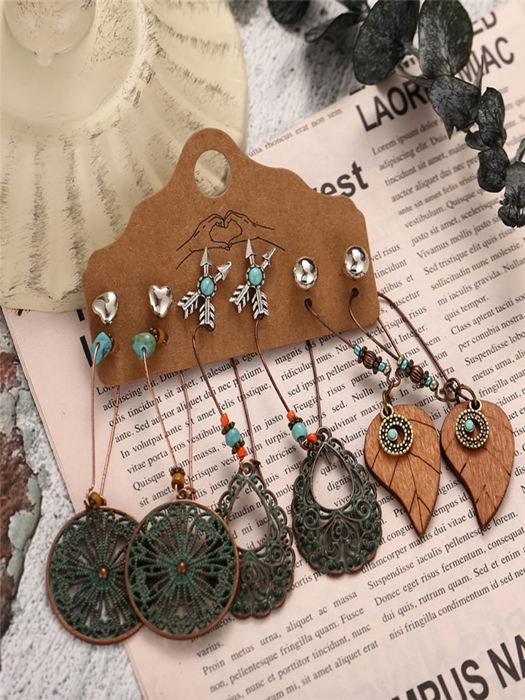 

Shining Diva Fashion Set Of 6 Oxidised Drop and Stud Earrings, Multi