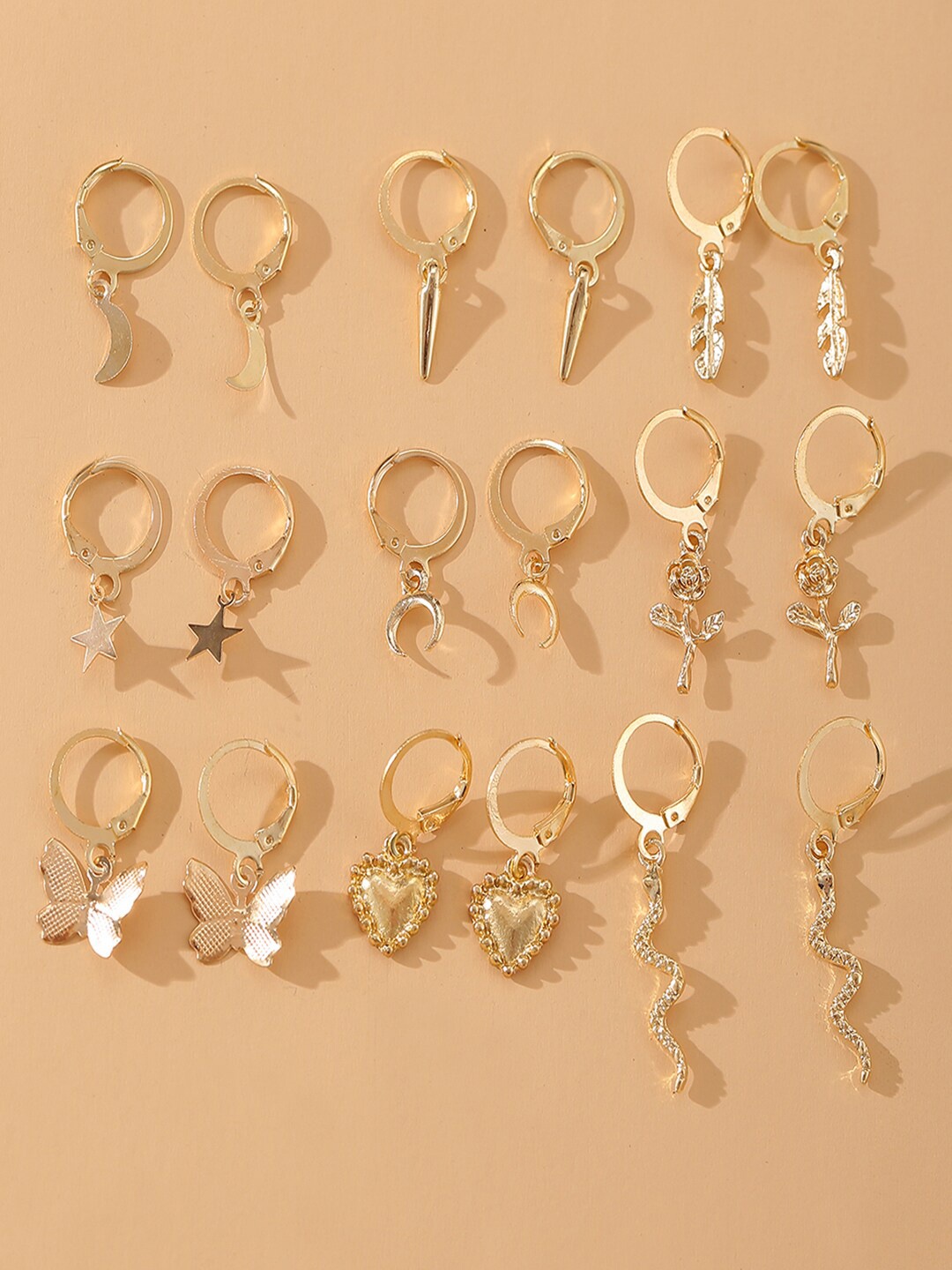 

Shining Diva Fashion Set Of 9 Gold-Plated Contemporary Drop Earrings