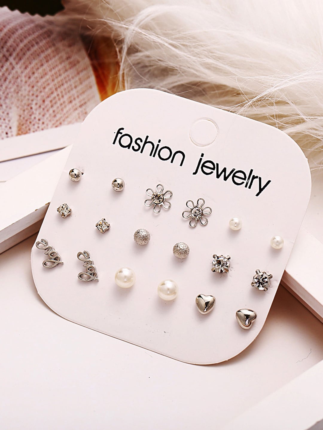 

Shining Diva Fashion Set Of 9 Silver-Plated Stud Earrings, Multi