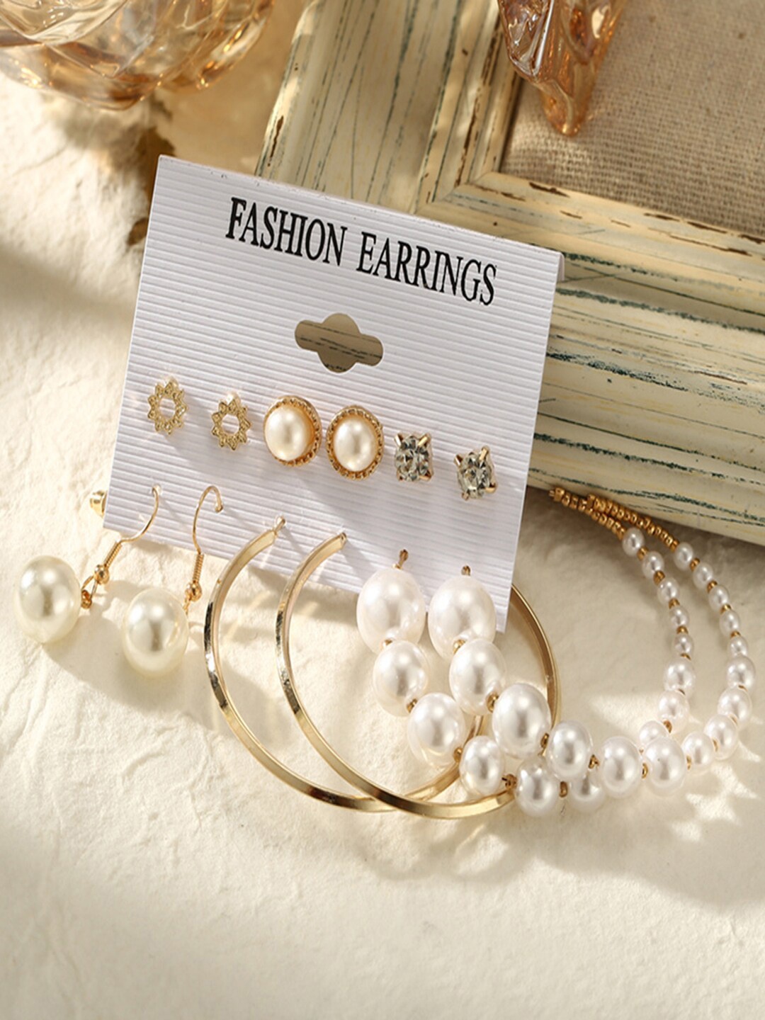 

Shining Diva Fashion Set Of 6 Gold-Plated Hoop and Stud Earrings, Multi