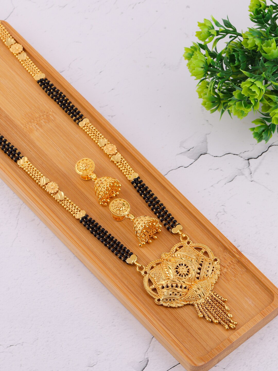 

Brandsoon Gold-Plated & Black Beaded Mangalsutra Set