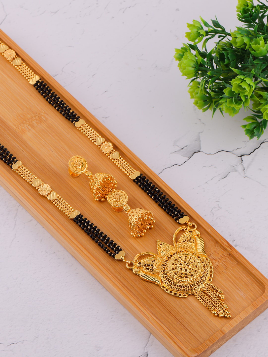 

Brandsoon Gold-Plated Black & Red Beaded Long Mangalsutra With Earring Set