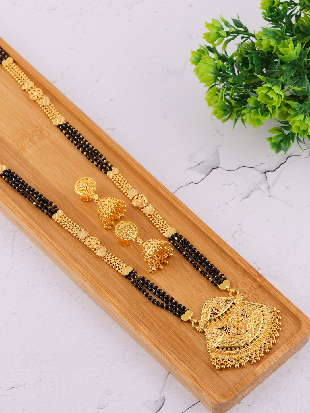 

Brandsoon Gold-Plated & Black Beaded Mangalsutra With Earrings