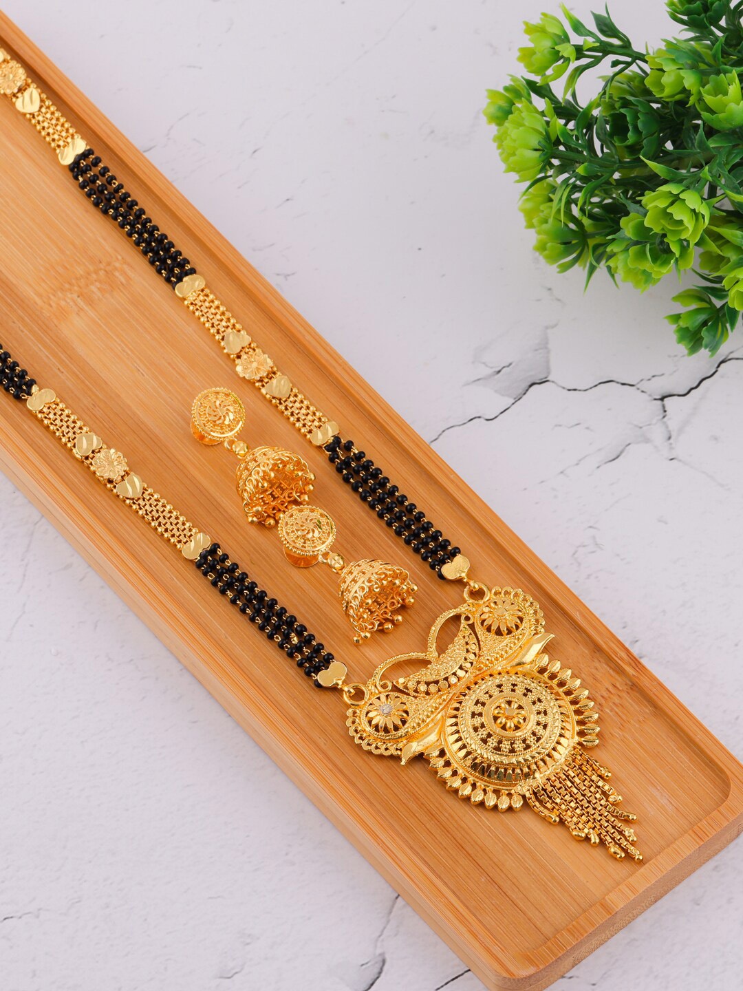 

Brandsoon Gold-Plated Black Beaded Mangalsutra Set