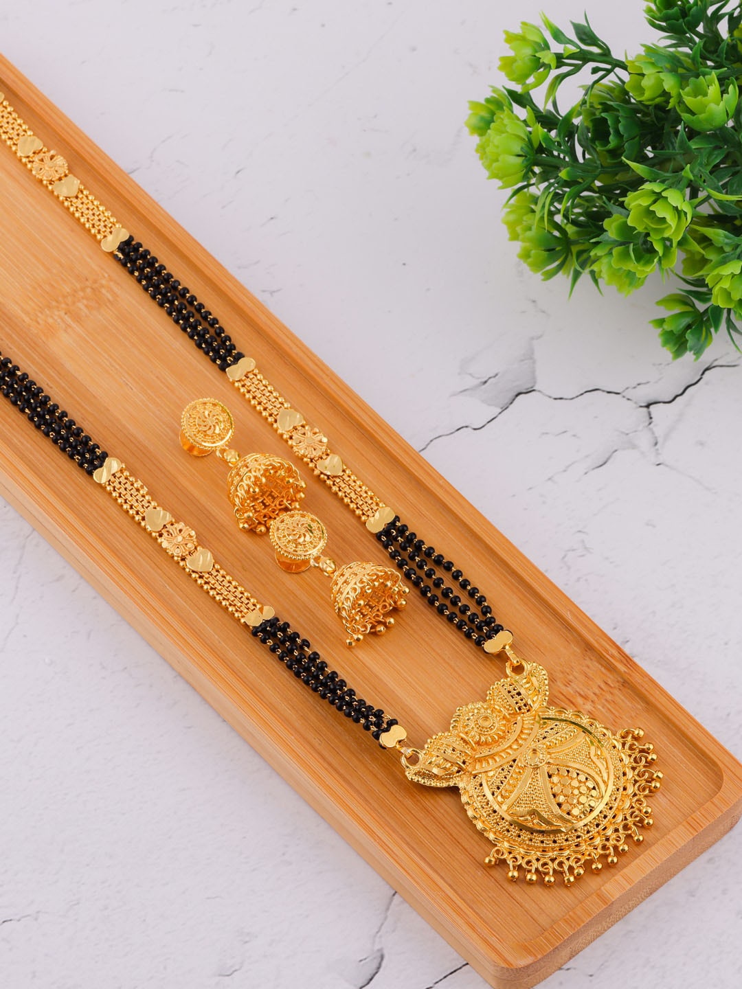 

Brandsoon Gold-Plated & Black Beaded Mangalsutra With Earrings
