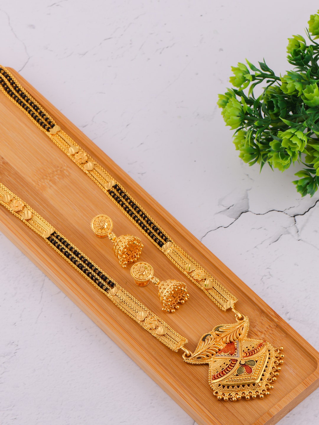 

Brandsoon Gold-Plated & Black Beaded Mangalsutra With Earrings