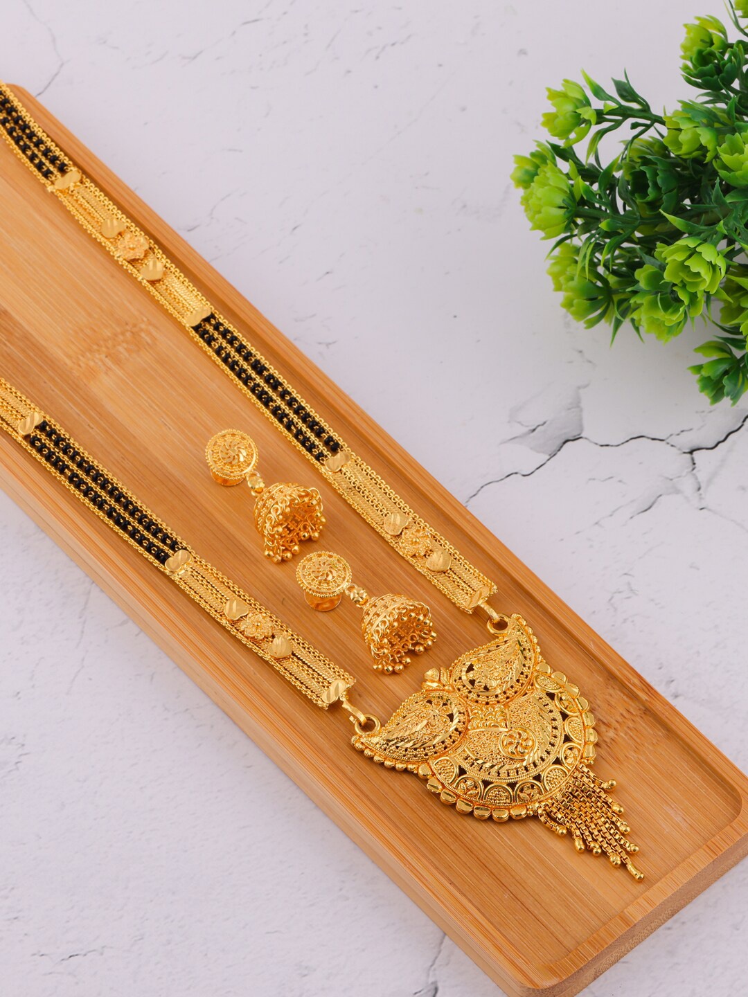 Brandsoon Gold-Plated & Black Beaded Mangalsutra