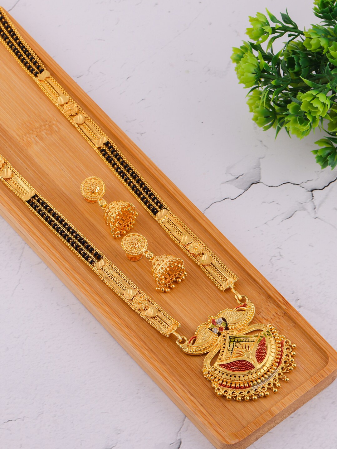 

Brandsoon Gold-Plated Black Beaded Mangalsutra Set