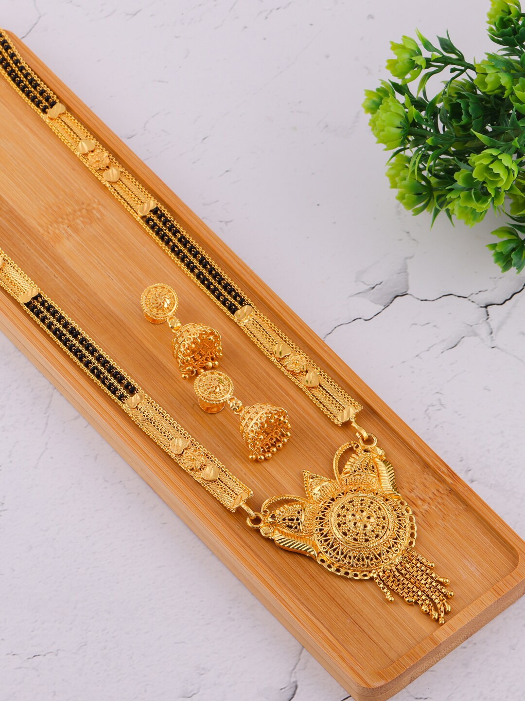 

Brandsoon Gold-Plated Black Beaded Mangalsutra Set
