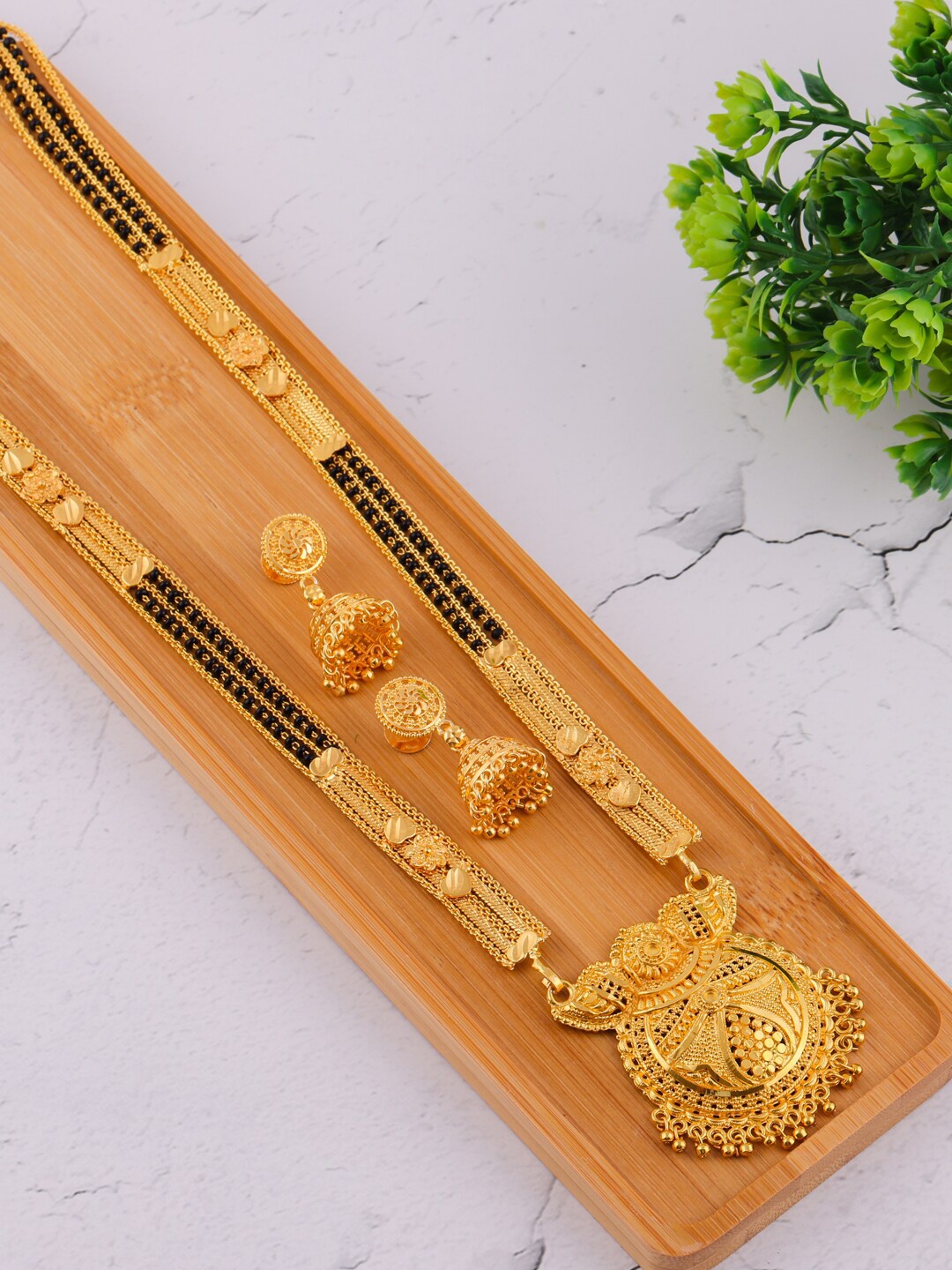 

Brandsoon Gold-Plated Black Beaded Mangalsutra Set