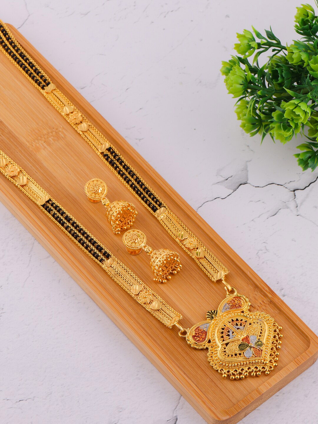 

Brandsoon Gold-Plated & Black Beaded Mangalsutra With Earrings