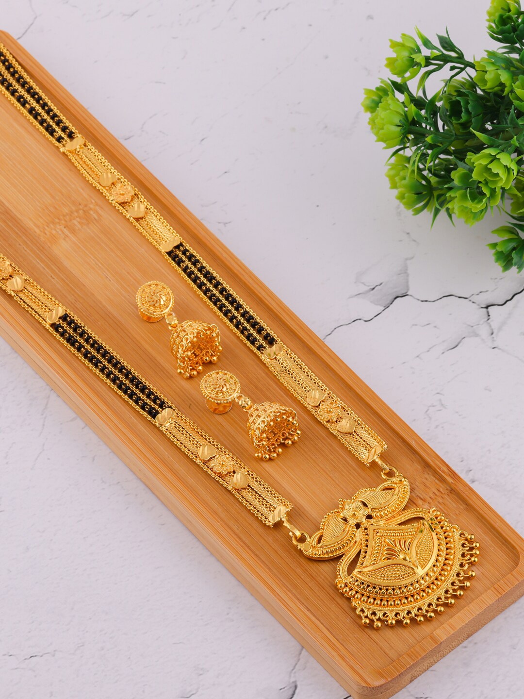 

Brandsoon Gold-Plated Black Beaded Mangalsutra Set