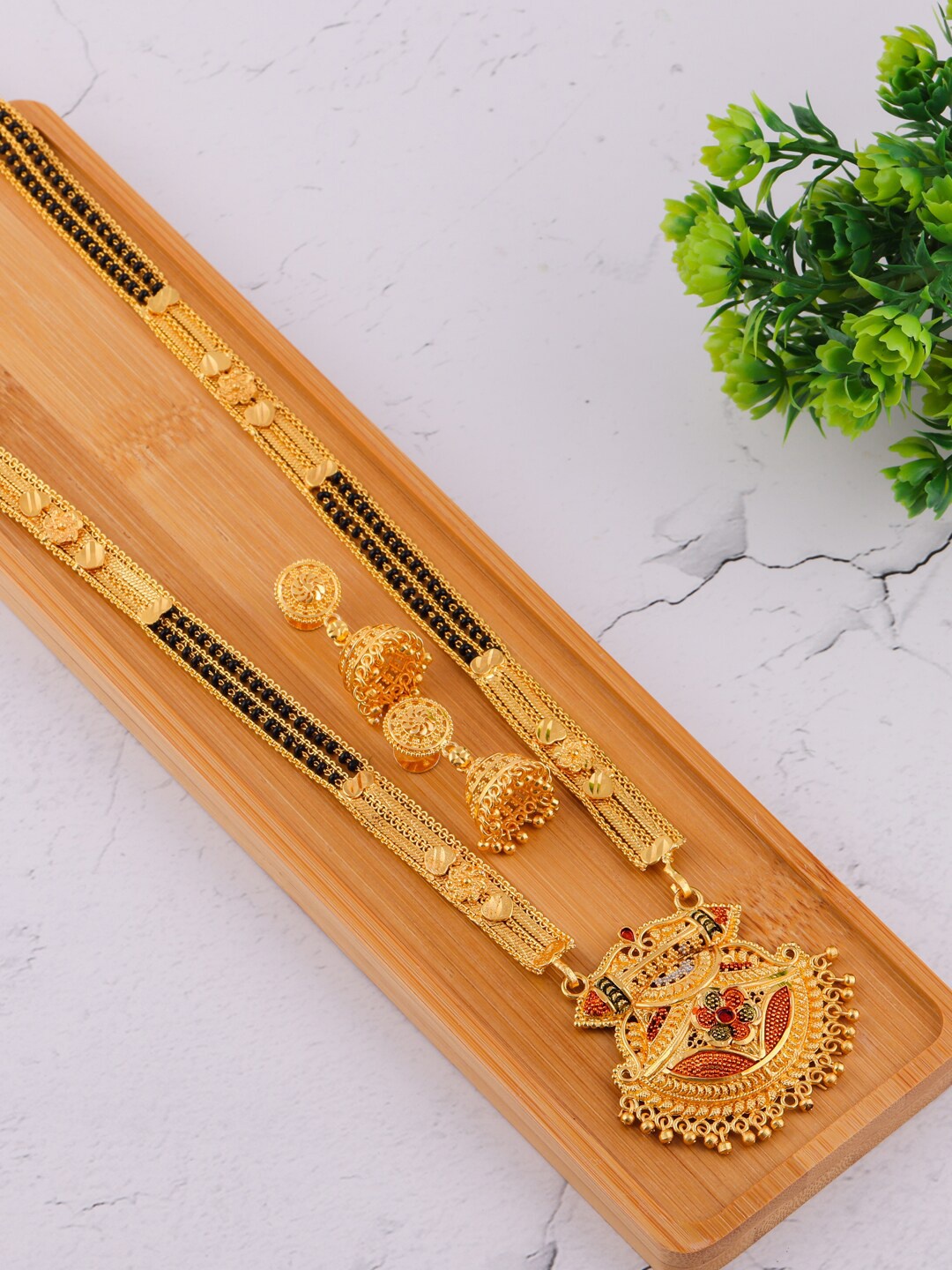 

Brandsoon Gold-Plated & Black Beaded & Stones-Studded Mangalsutra Set