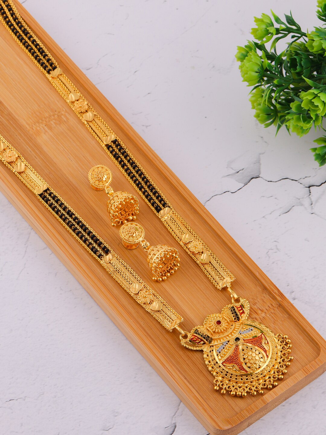 Brandsoon Gold-Plated Black Beaded Mangalsutra Set