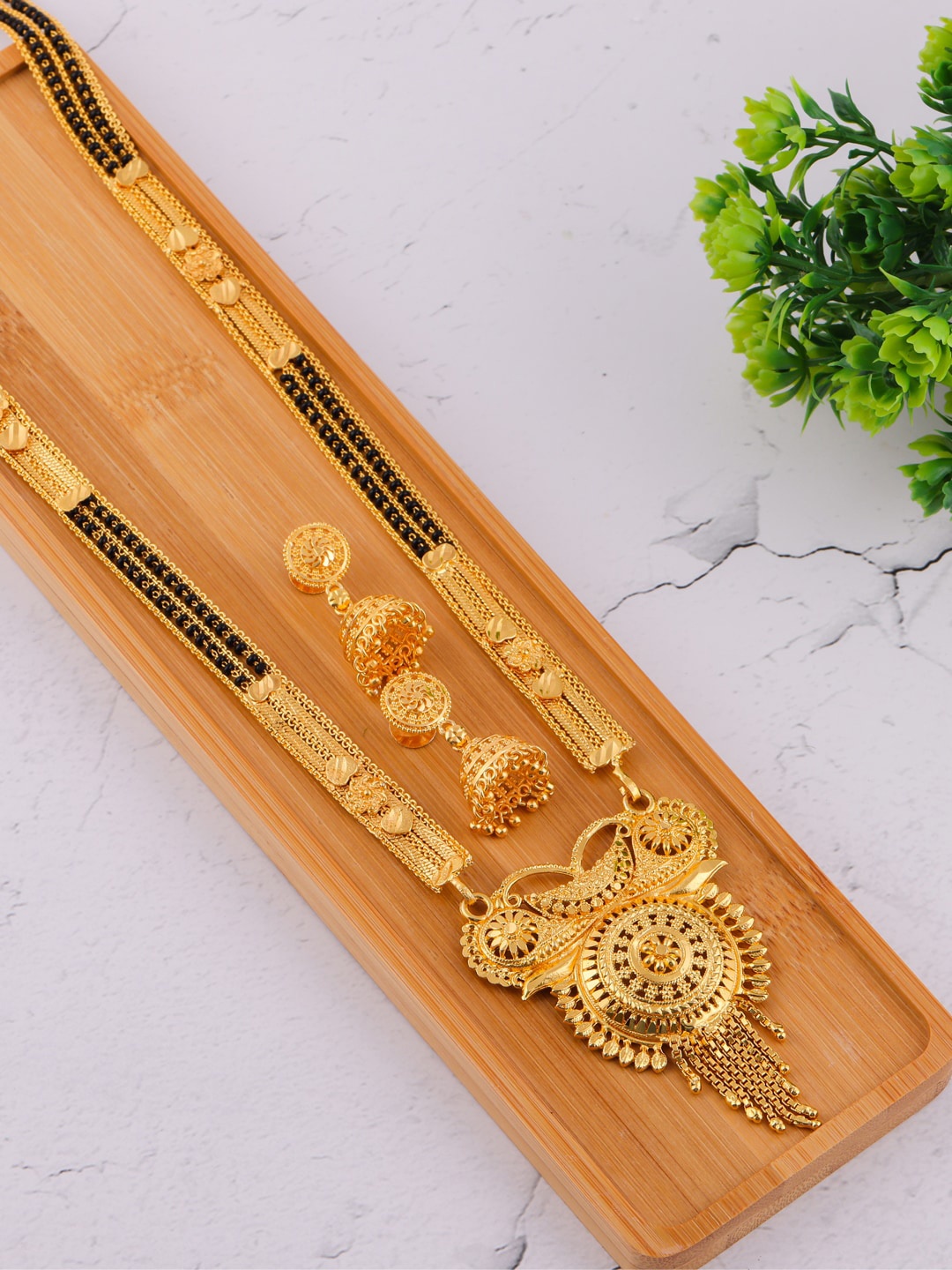 

Brandsoon Gold-Plated Black Beaded Mangalsutra Set