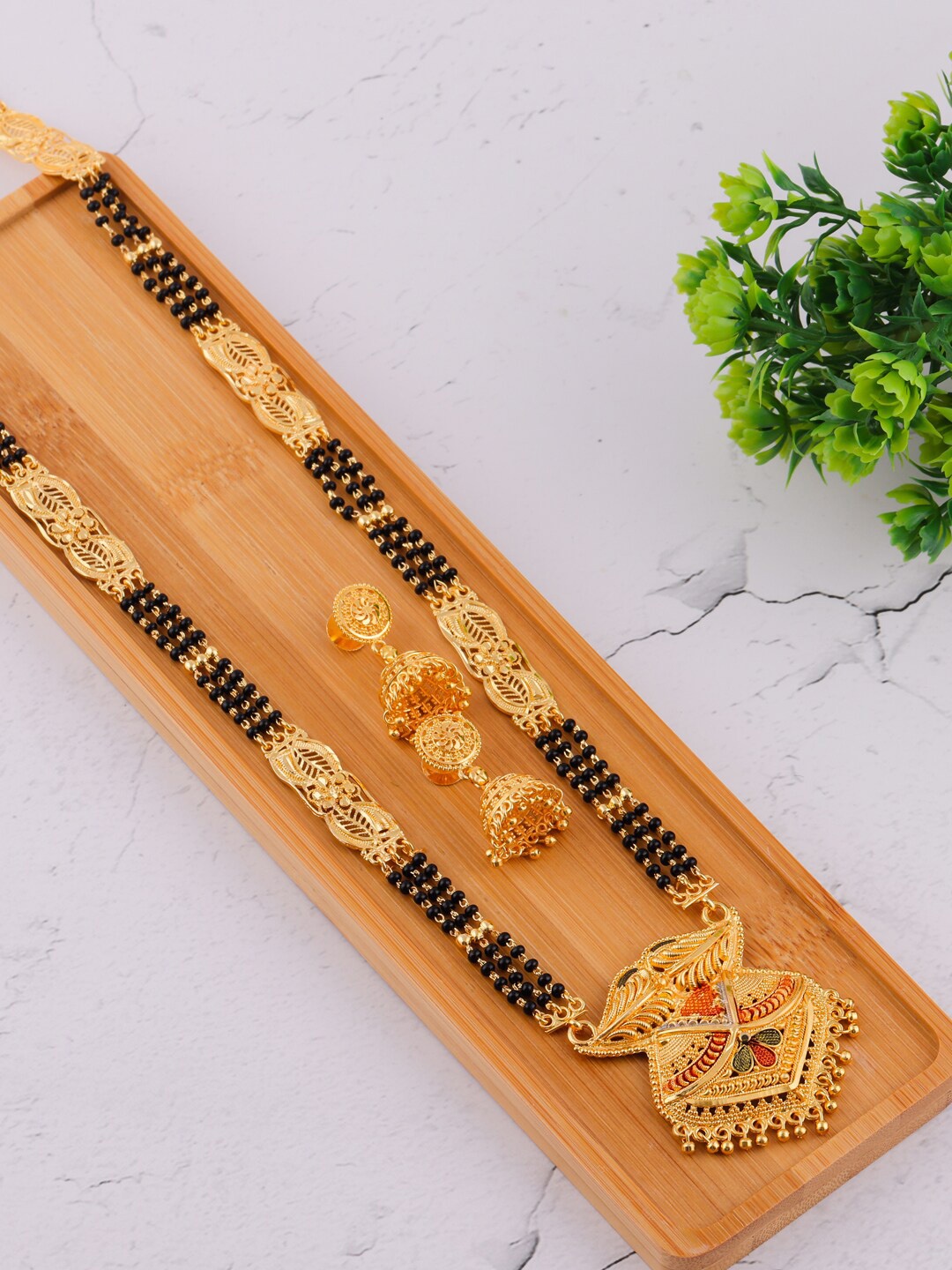 

Brandsoon Gold-Plated & Black Beaded Mangalsutra With Earrings