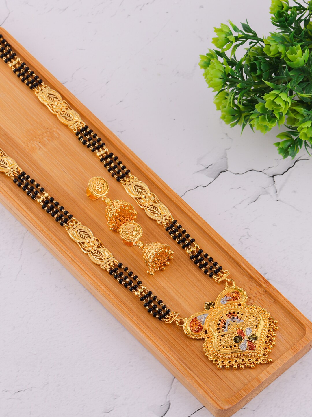

Brandsoon Gold-Plated & Black Beaded Mangalsutra Set With Earrings