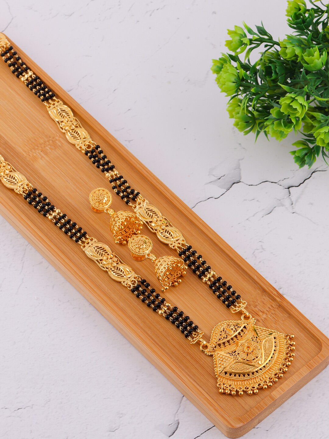 

Brandsoon Gold-Plated & Black Beaded Mangalsutra With Earrings