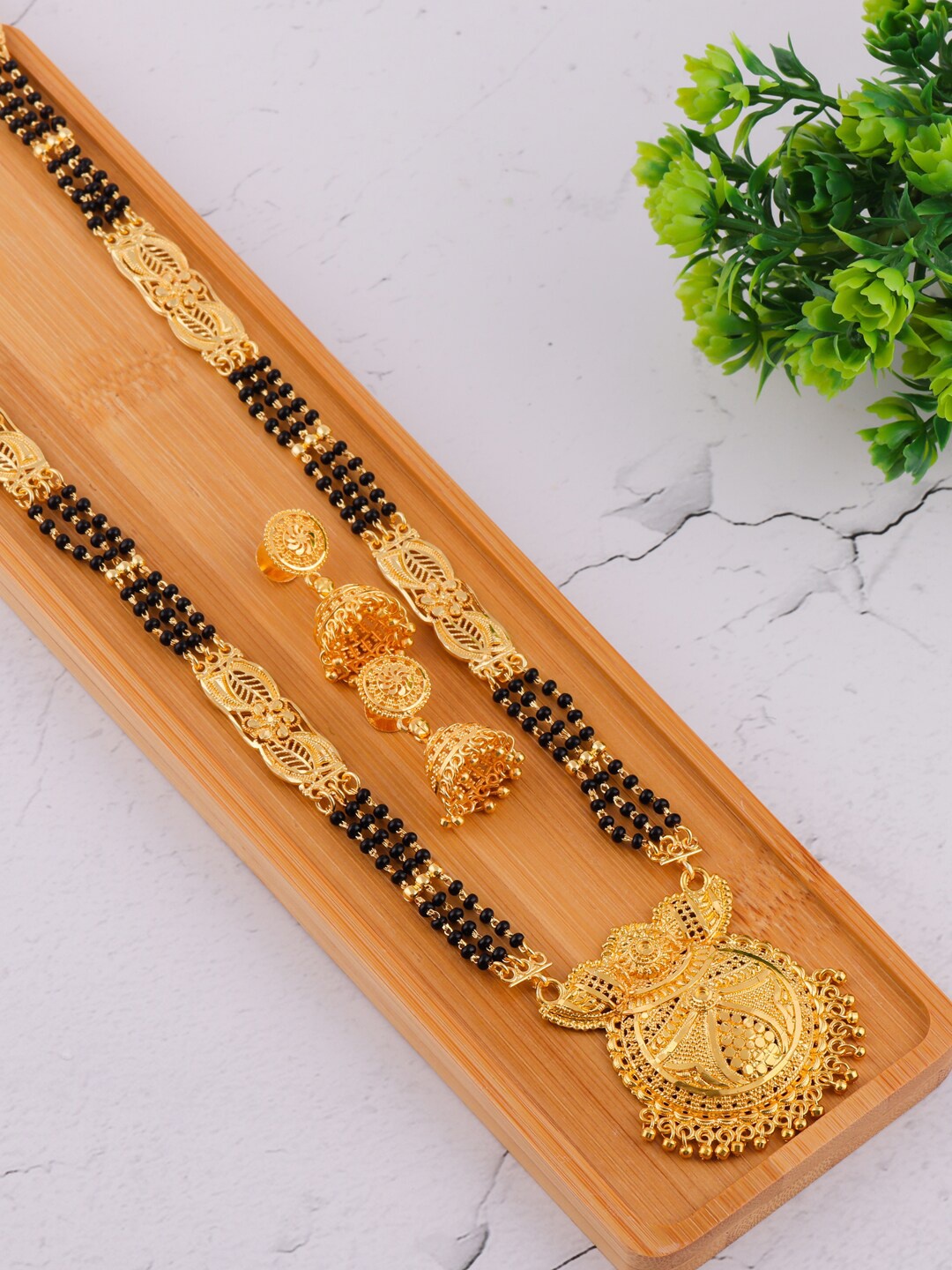 

Brandsoon Gold-Plated & Black Beaded Mangalsutra With Earrings