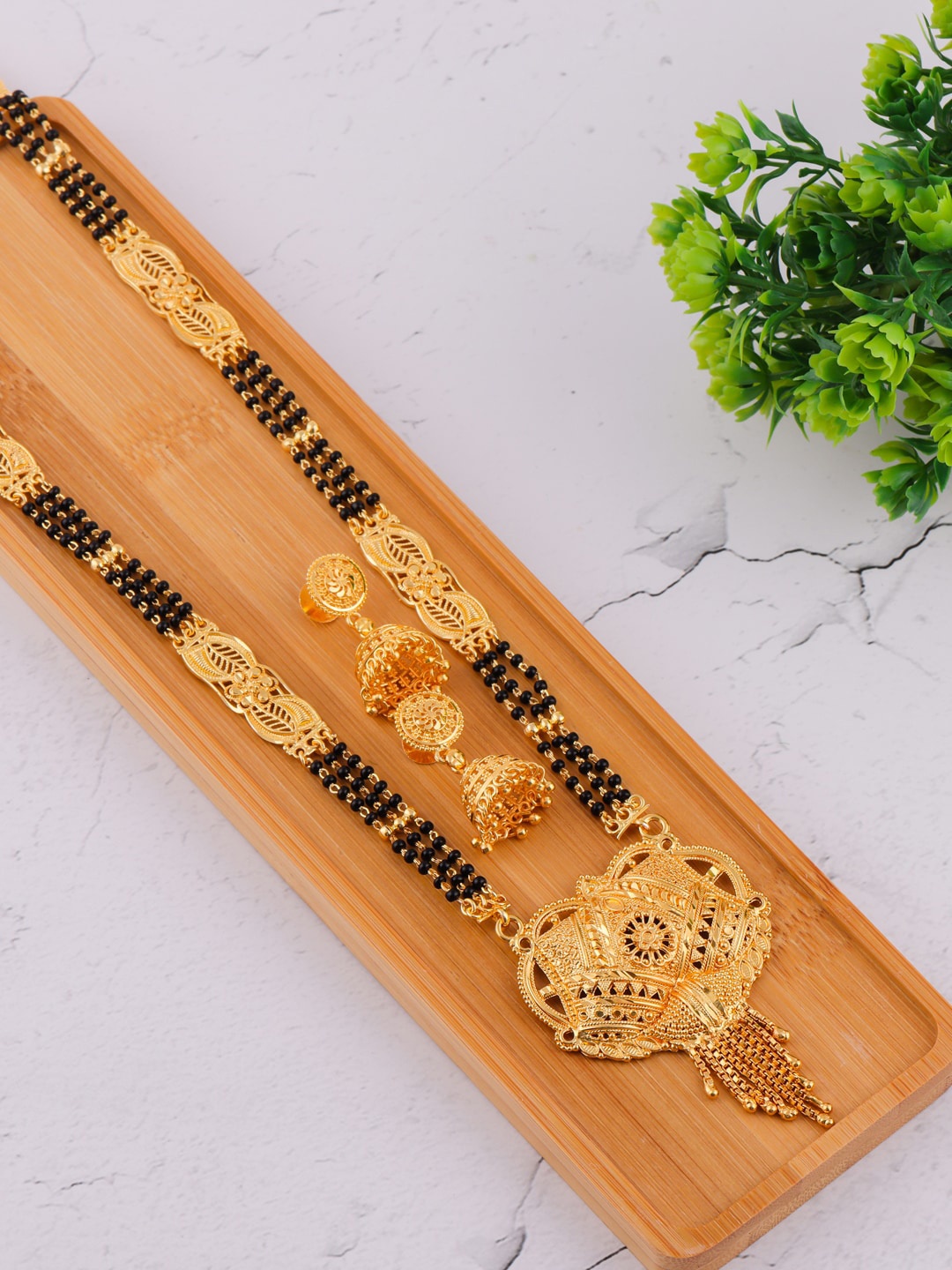 

Brandsoon Gold-Plated & Black Beaded & Stones-Studded Mangalsutra