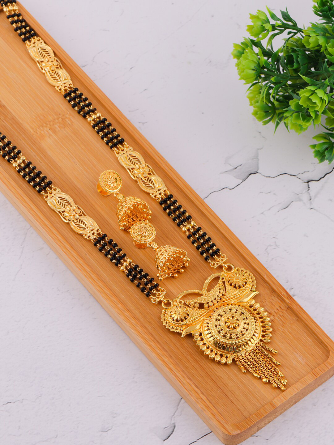 

Brandsoon Gold-Plated & Black Beaded Mangalsutra With Earrings