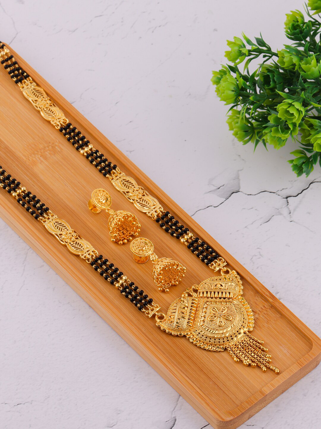 

Brandsoon Gold-Plated & Black Beaded Mangalsutra With Earrings