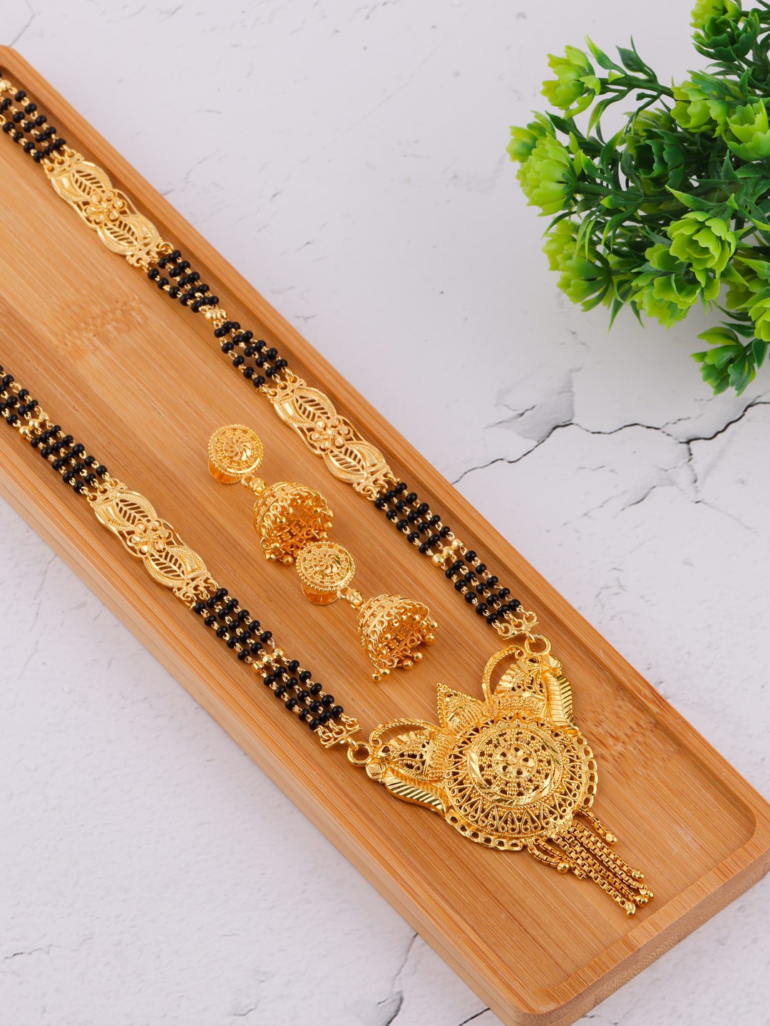 

Brandsoon Gold-Plated & Black Beaded & Stones-Studded Mangalsutra With Earrings